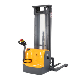 3300lbs Full Electric Walkie Stacker, 177"–220" Lift Height, Adjustable Legs & Forks