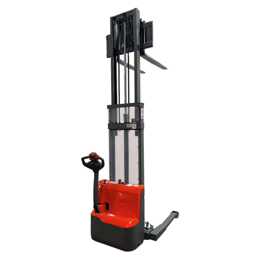Apilador eléctrico totalmente eléctrico con patas a horcajadas, capacidad de 3300 lb, 118 pulgadas, color rojo