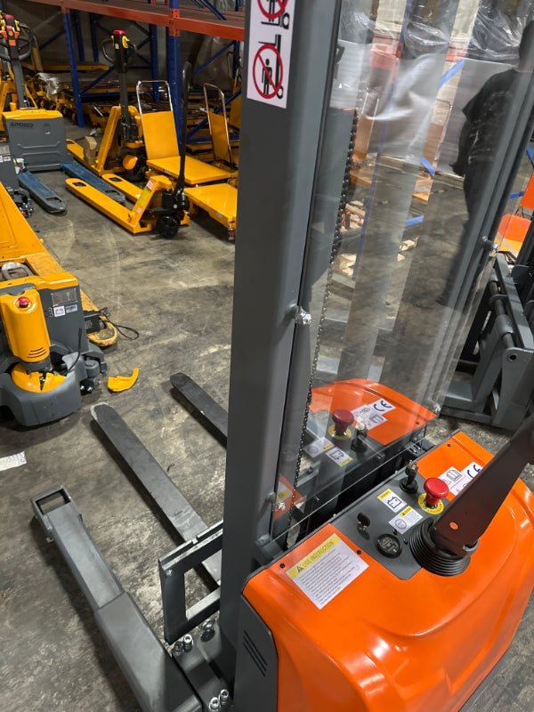 Used Powered Forklift Full Electric Walkie Stacker 3300lbs Cap. Straddle Legs.118" lifting